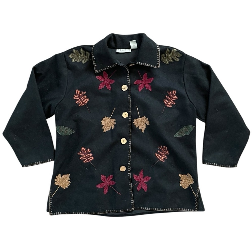 Dress Barn Womens Autumn Leaves Wool Blend Button Up Jacket Size 1X Black Fall